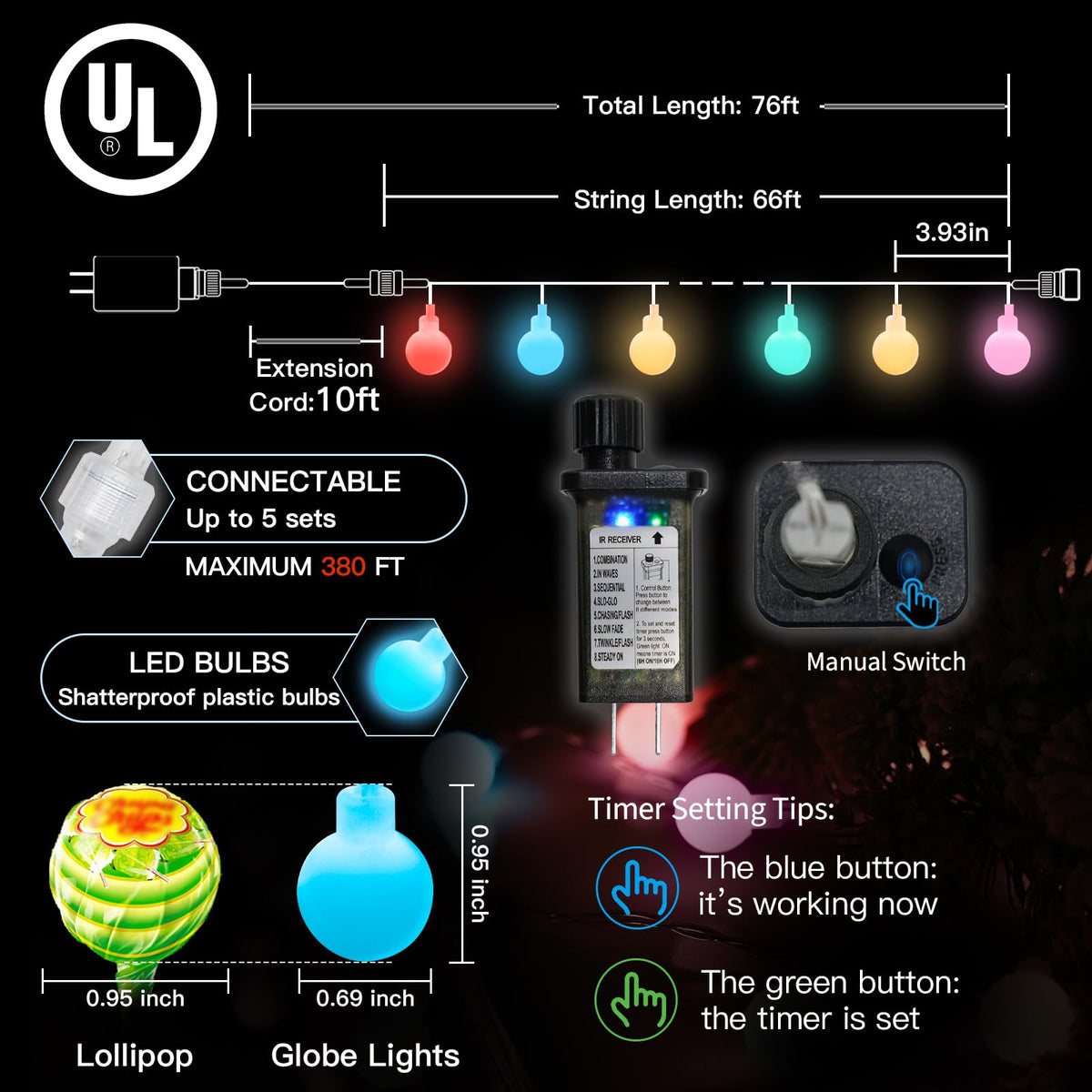suddus 66ft 200 LED Connectable Globe String Lights, Multicolor, Indoor/Outdoor, with Timer, Model SD-200GMC1