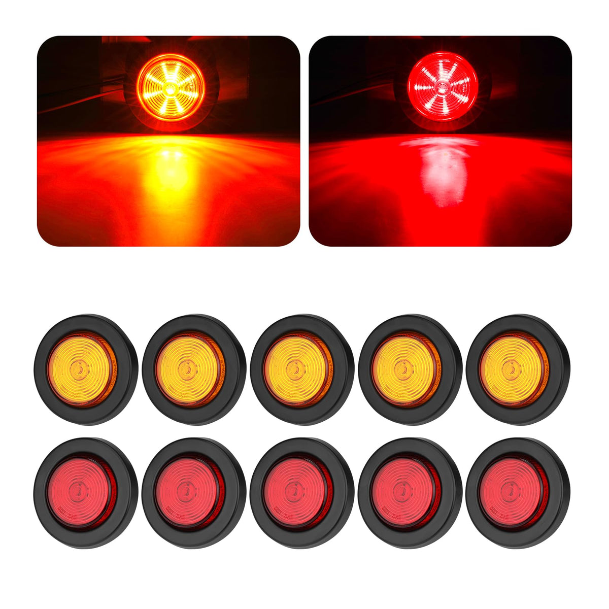 ULITECO 10PCS 2in Trailer Marker Lights Kit, 9 LED Round with Rubber Grommets & 2 Prong Pigtails, Waterproof, DOT Approved (5 Amber +