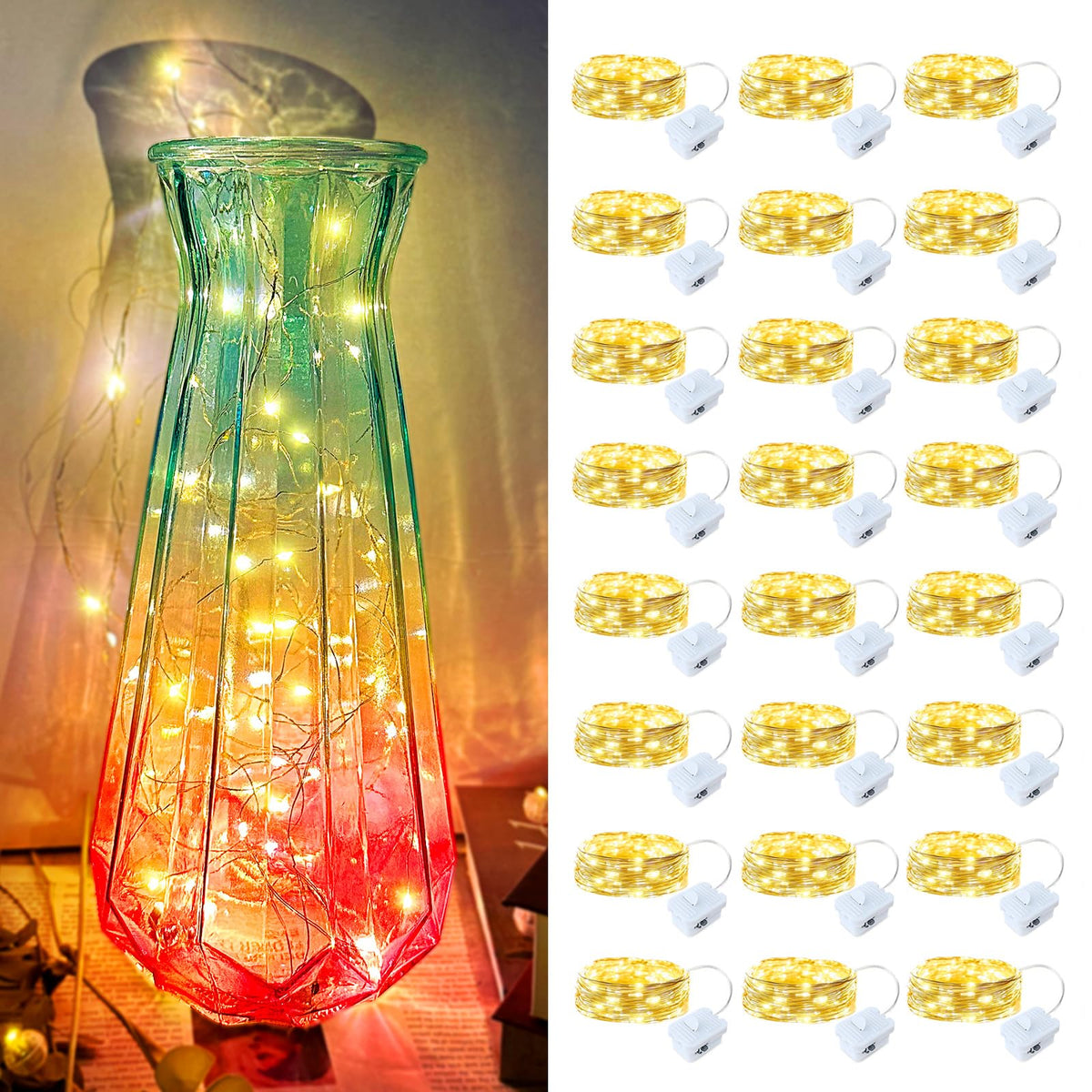 Yooumoga 24 Pack LED Fairy Lights Warm White Battery Operated 7FT Silver Wire String Lights for Mason Jar DIY Christmas Decor