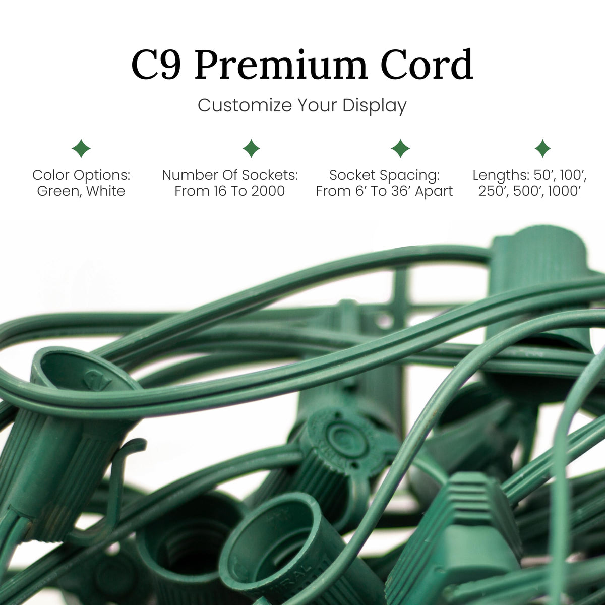 Christmas Designers Pro Christmas C9 Light Cord, 100 ft, 66 Bulb Sockets, 18” Spacing, Green Wire, 2 Sets of Plugs Included