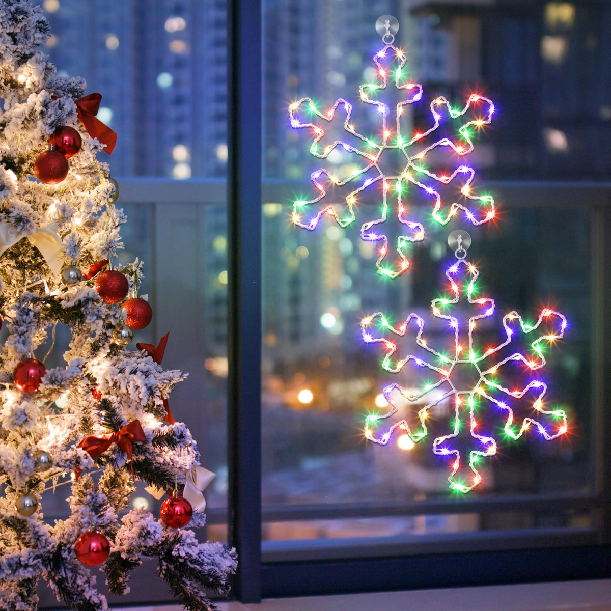 Hiboom 2 Pack Christmas Window Lights, 12 Inch Colorful Snowflake LED Decorations, Model CW-Hiboom-1807, Battery Powered